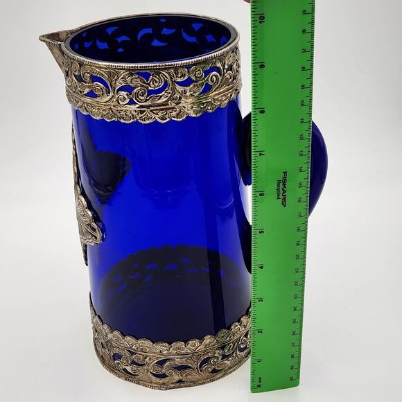 Cobalt Blue Pitcher with Silver Toned Filigree - Picture 13 of 15